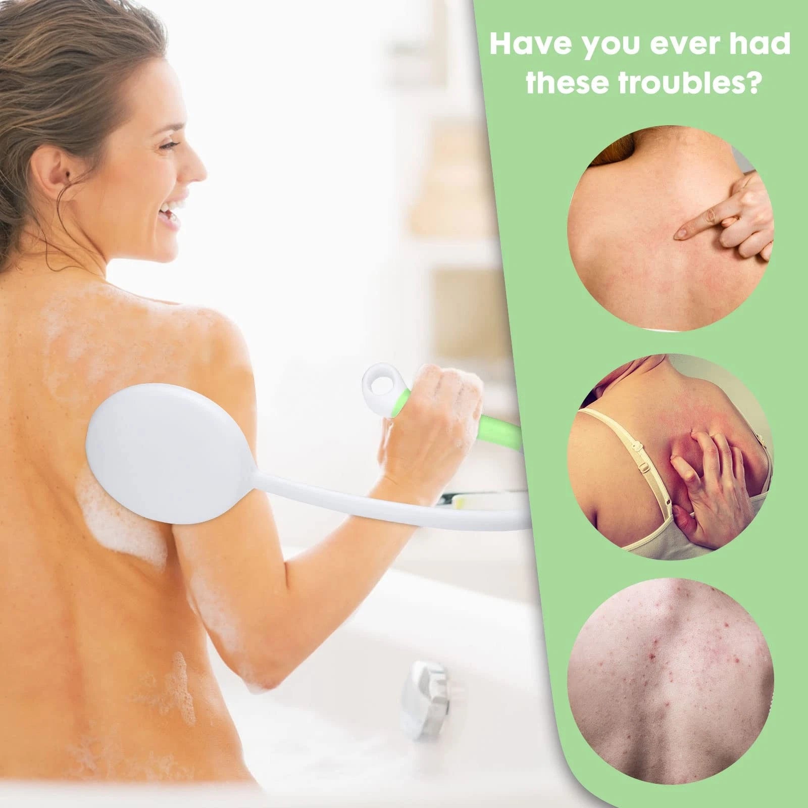 27.5†Back Bath Brush with Long Curved Handle,Shower White/Green