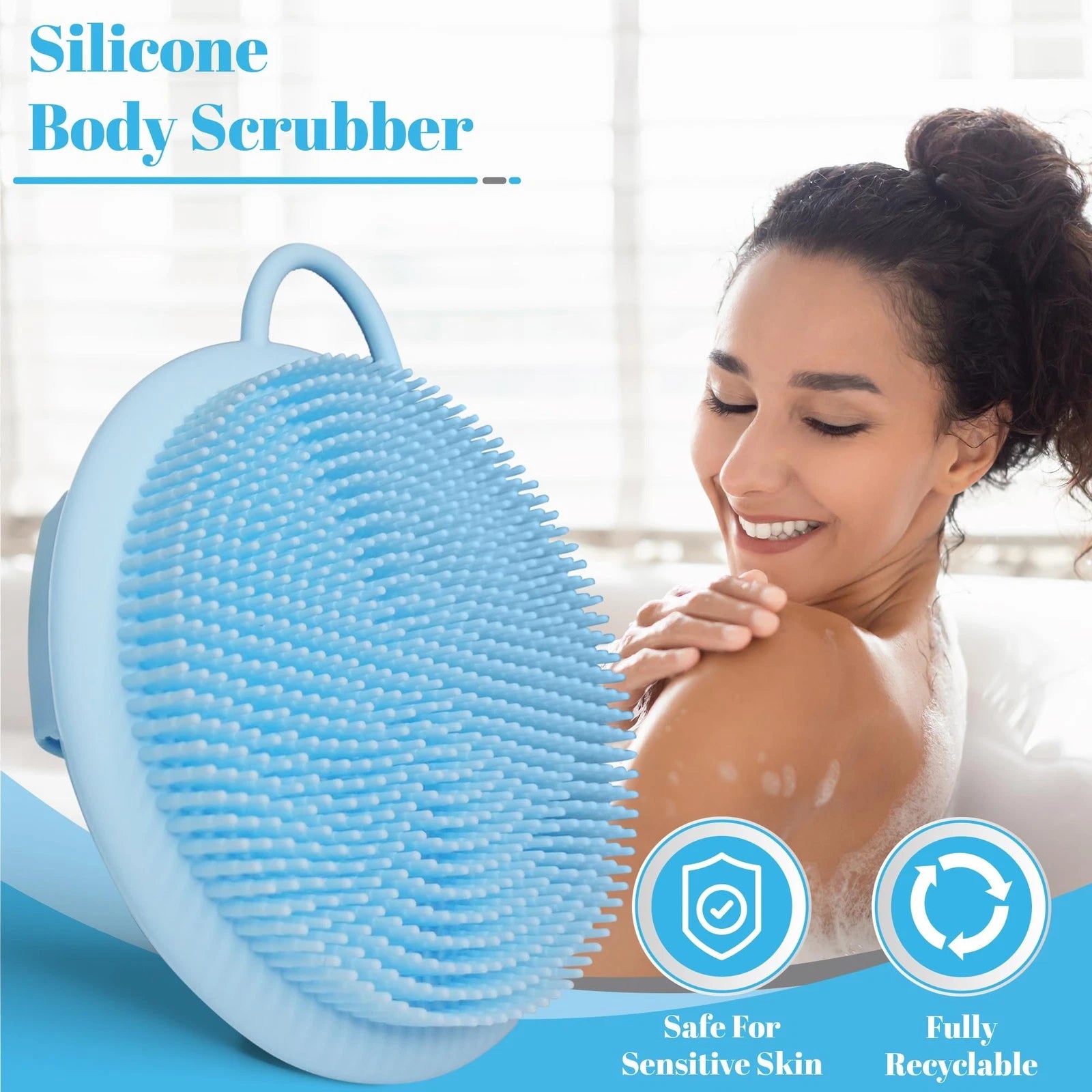 Silicone Scrubber - Blue Exfoliating Body Scrubber with Handle, Shower Brush ...