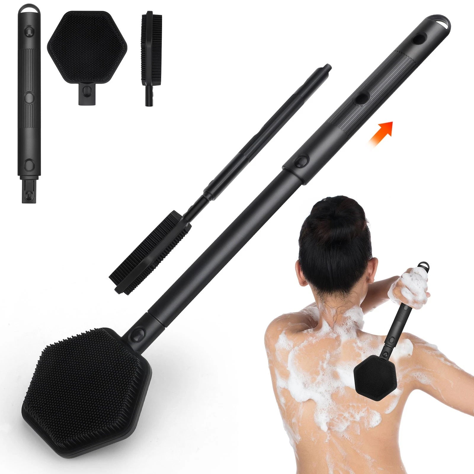 Adjustable Long Handle Silicone Shower Brush, Hexagonal Telescopic Back Scrubber