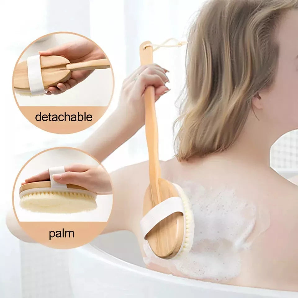 Shower Body Brush Extra Long Handle Natural Wooden Bath Back Massage Scrubber