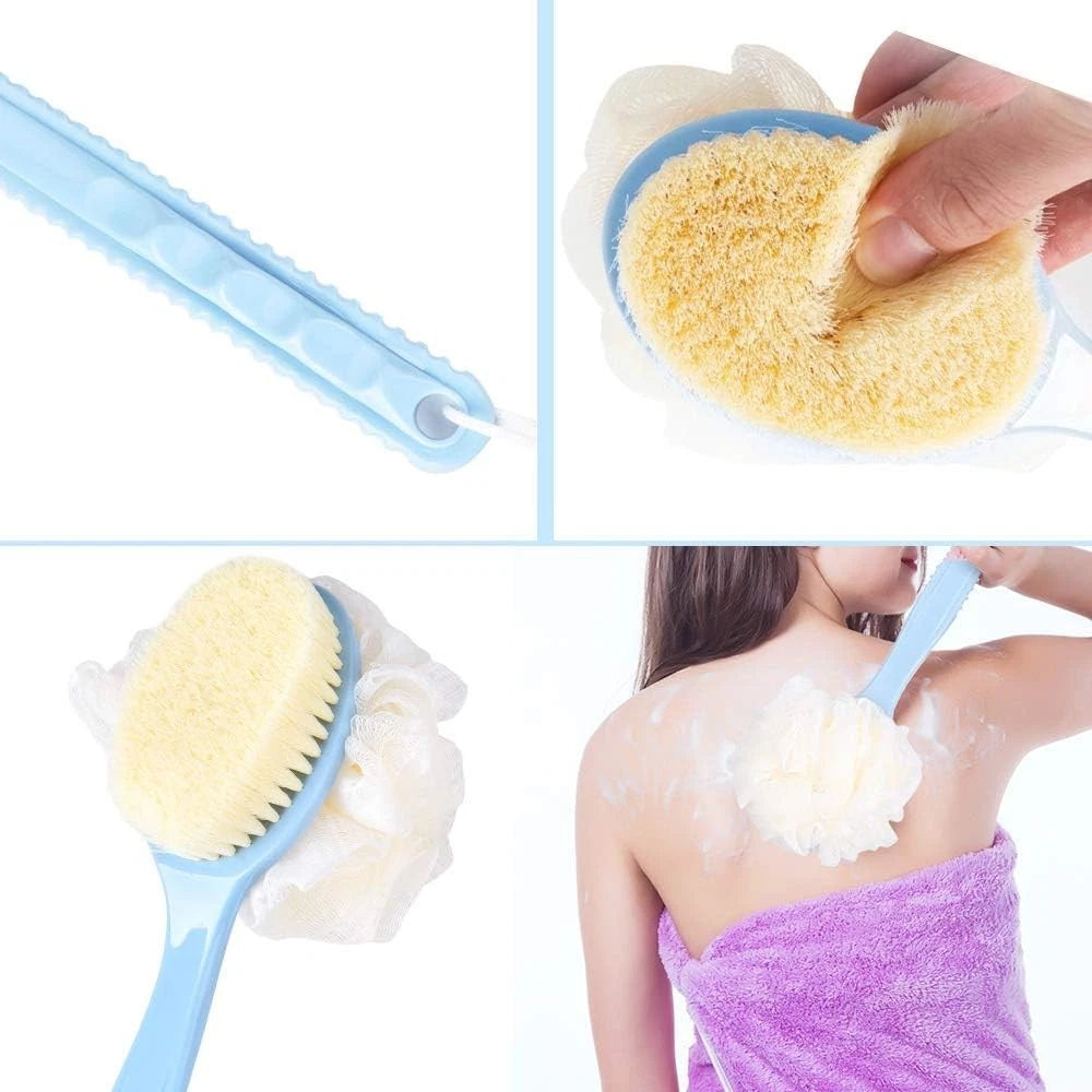 2in1 Long Handled Bath Shower Brush Bristles Exfoliation Cleansing Back Scrubber