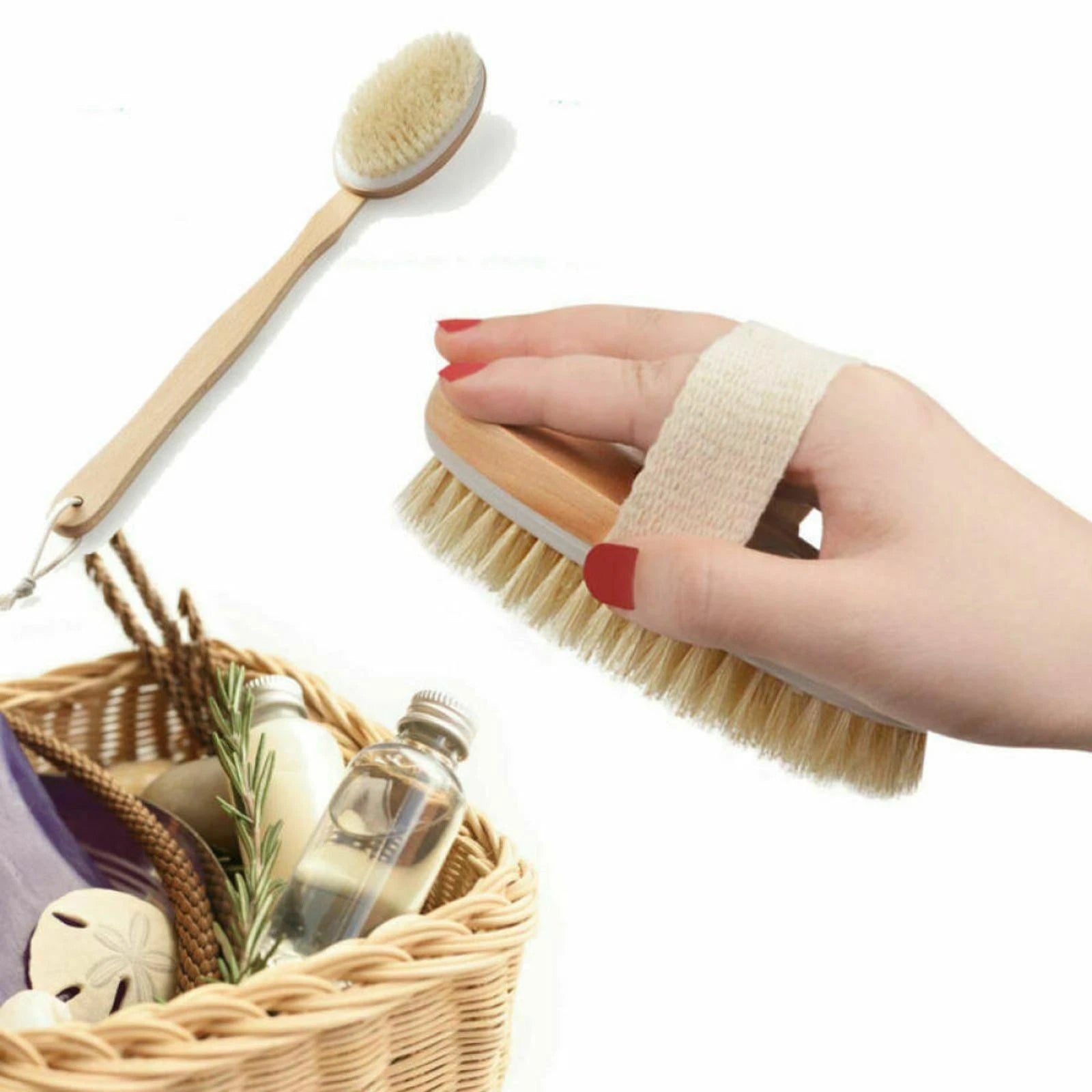 Durable Natural Long-Handled Bath Shower Body Back Dry Skin Spa Scrubber Brush