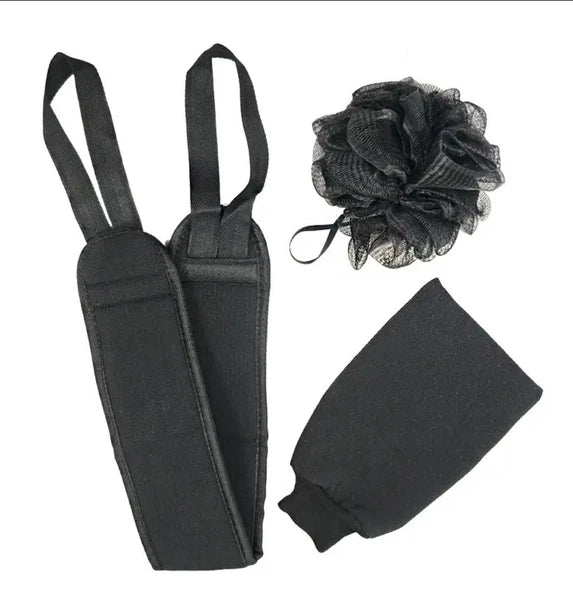Body Scrubber Shower Set , Back Scrubber, Sponge Pad & Loofah Mesh. BLACK