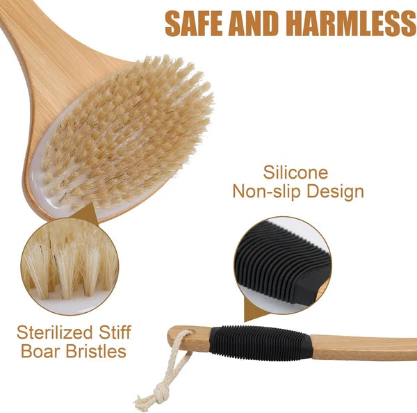 Back Scrub Brush for Shower,Stiff Boar Bristles Bamboo Curved Long Handle Antisk