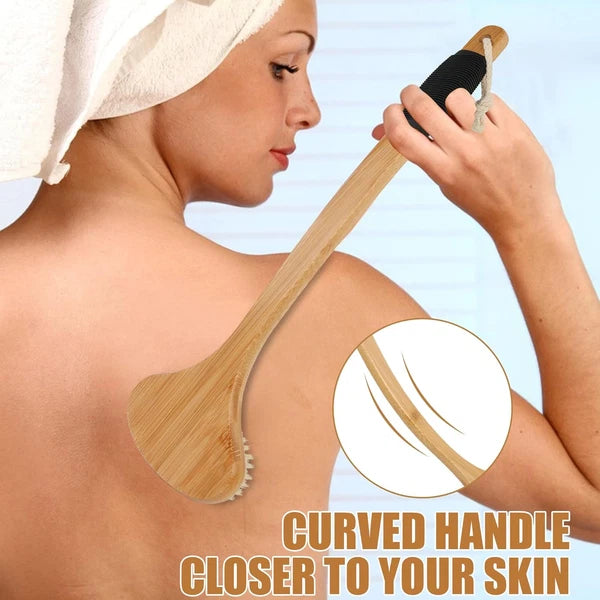 Back Scrub Brush for Shower,Stiff Boar Bristles Bamboo Curved Long Handle Antisk