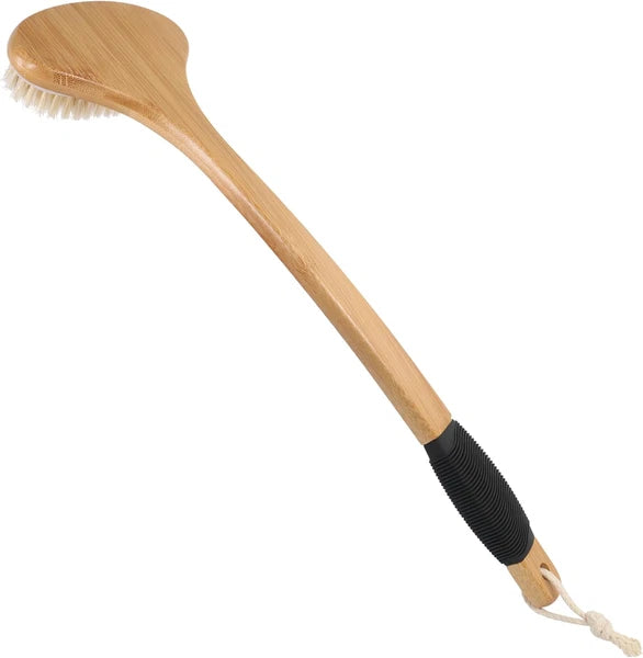 Back Scrub Brush for Shower,Stiff Boar Bristles Bamboo Curved Long Handle Antisk