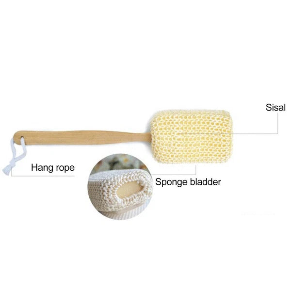 Sisal Brush Long Handled Wooden Loofah Back Scrubber Spa Body Sponge Shower Bath