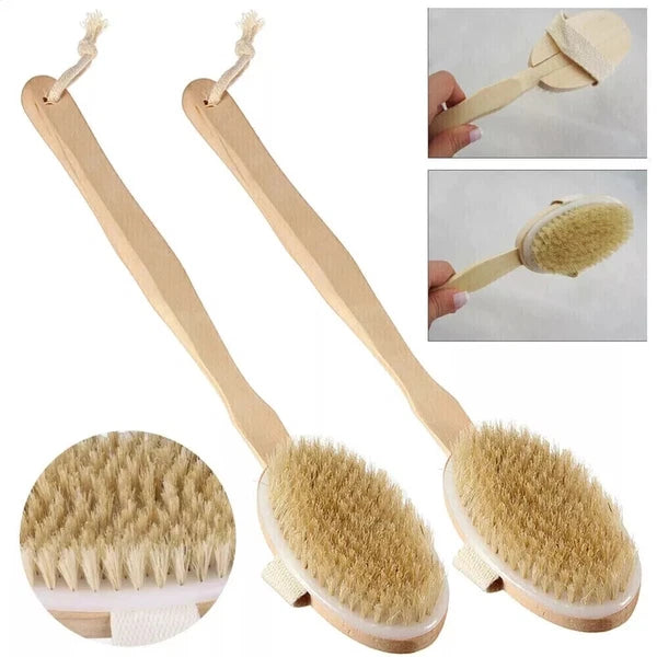 2pcs Natural Bristle Body Brush - Wooden Spa Scrubber for Dry Skin & Shower Care