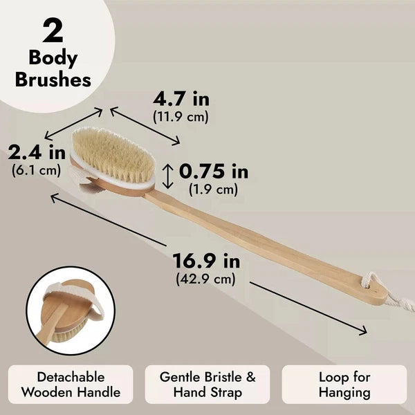 2pcs Natural Bristle Body Brush - Wooden Spa Scrubber for Dry Skin & Shower Care