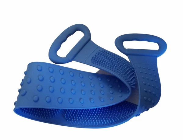Dual Sided Silicone Bach Scrubber Body Bath Belt Massage Brush Shower 31" Blue
