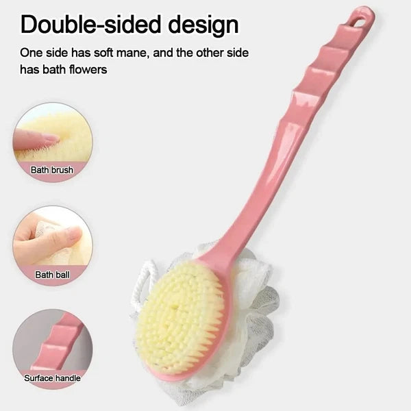 2in1 Long Handled Bath Shower Brush Bristles Exfoliation Cleansing Back Scrubber