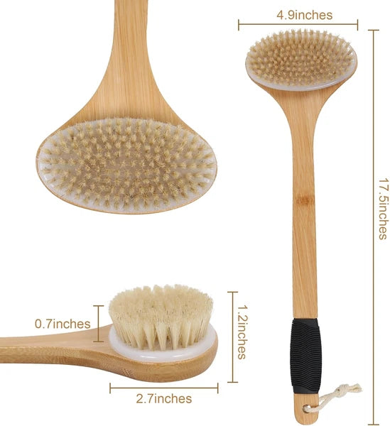 Back Scrub Brush for Shower,Stiff Boar Bristles Bamboo Curved Long Handle Antisk