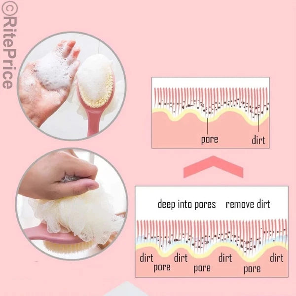 Bath Body Brush Soft Bristles & Loofah (1 Pack) Back Scrubber Plastic Handle-New