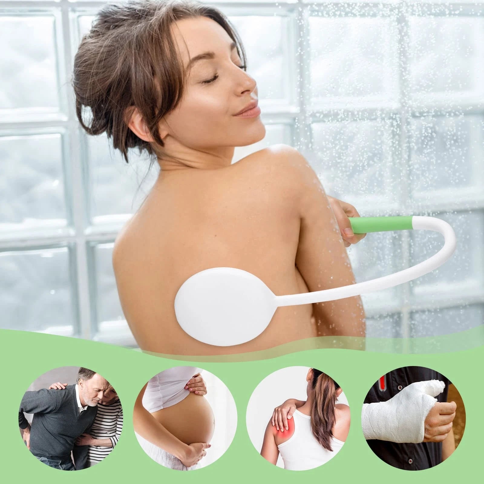 27.5â€ Back Bath Brush with Long Curved Handle,Shower White/Green