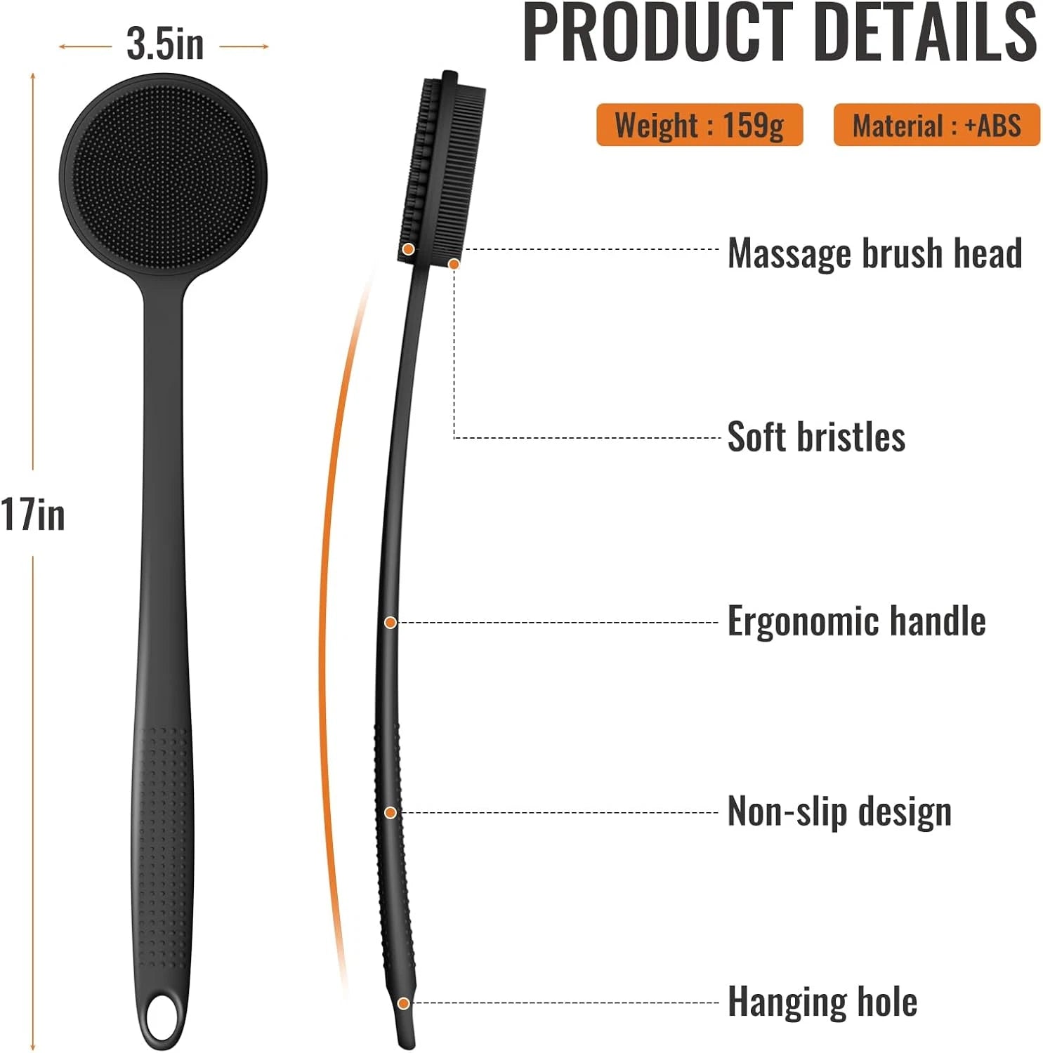 Silicone Back Scrubber for Shower, 17In Lengthen Long Handle Body Brush, Double