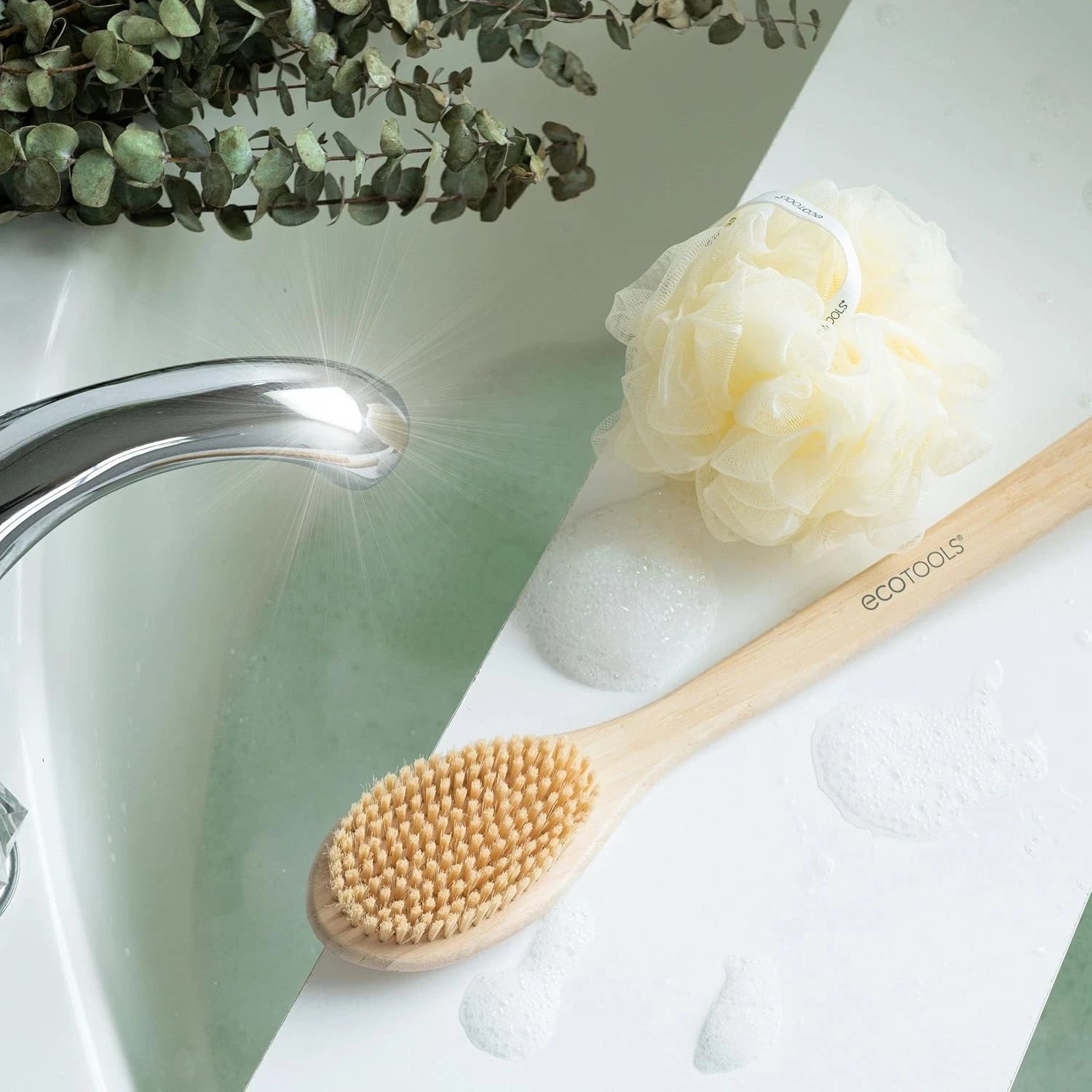 17.5" Long Handle Bath Brush Natural Bristles Body Back Shower Washing Scrubber
