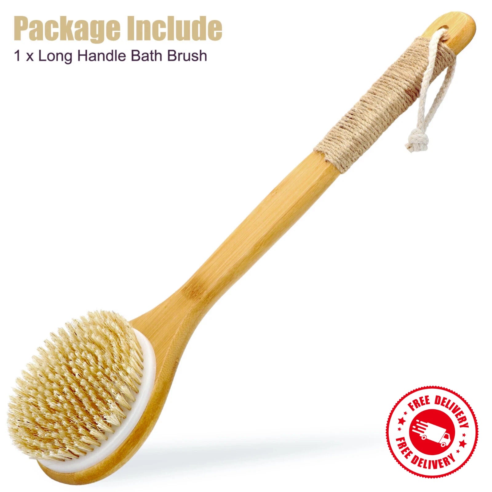 Long Handle Bath Brush Natural Bristles Body Back Shower Washing Scrubber