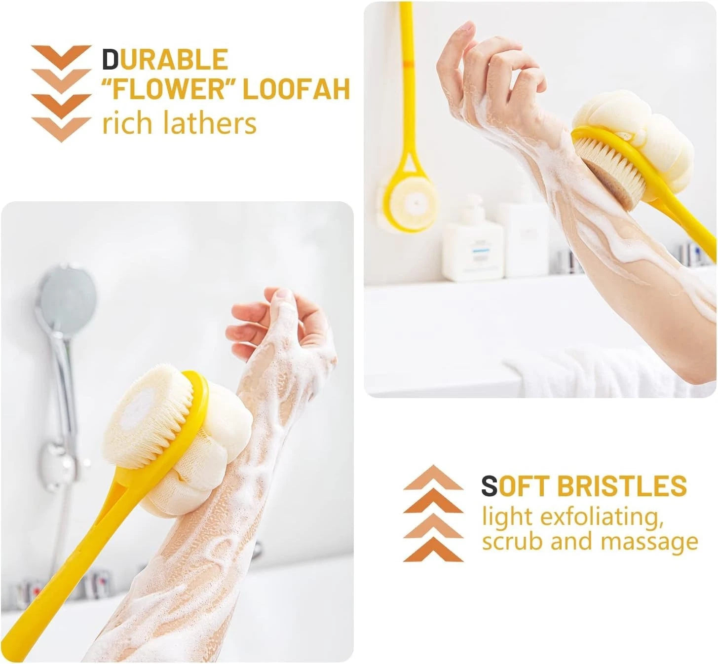 Shower Body Brush,Soft Bristles and Beautiful Pumpkin Loofah 14” Long Handle ...