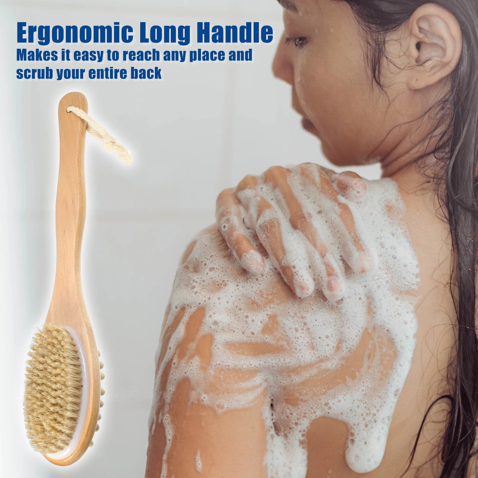 1 Pcs Double Sided Bath Brush Back Scrubber Wood for Shower Brown 14.6 Inches