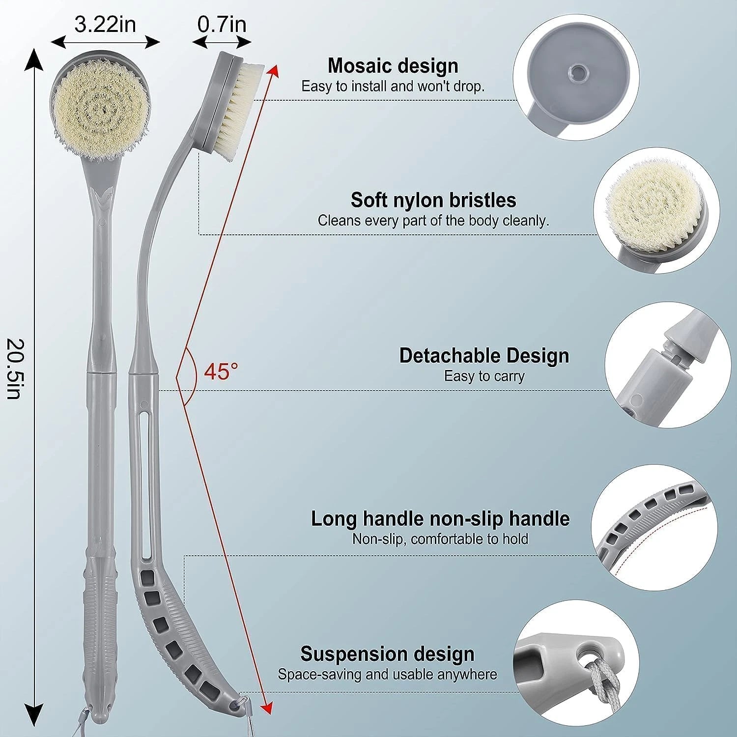 Long Handle Back Brush, 20.5Â€ Bath Scrubber for Shower, Curved Handle