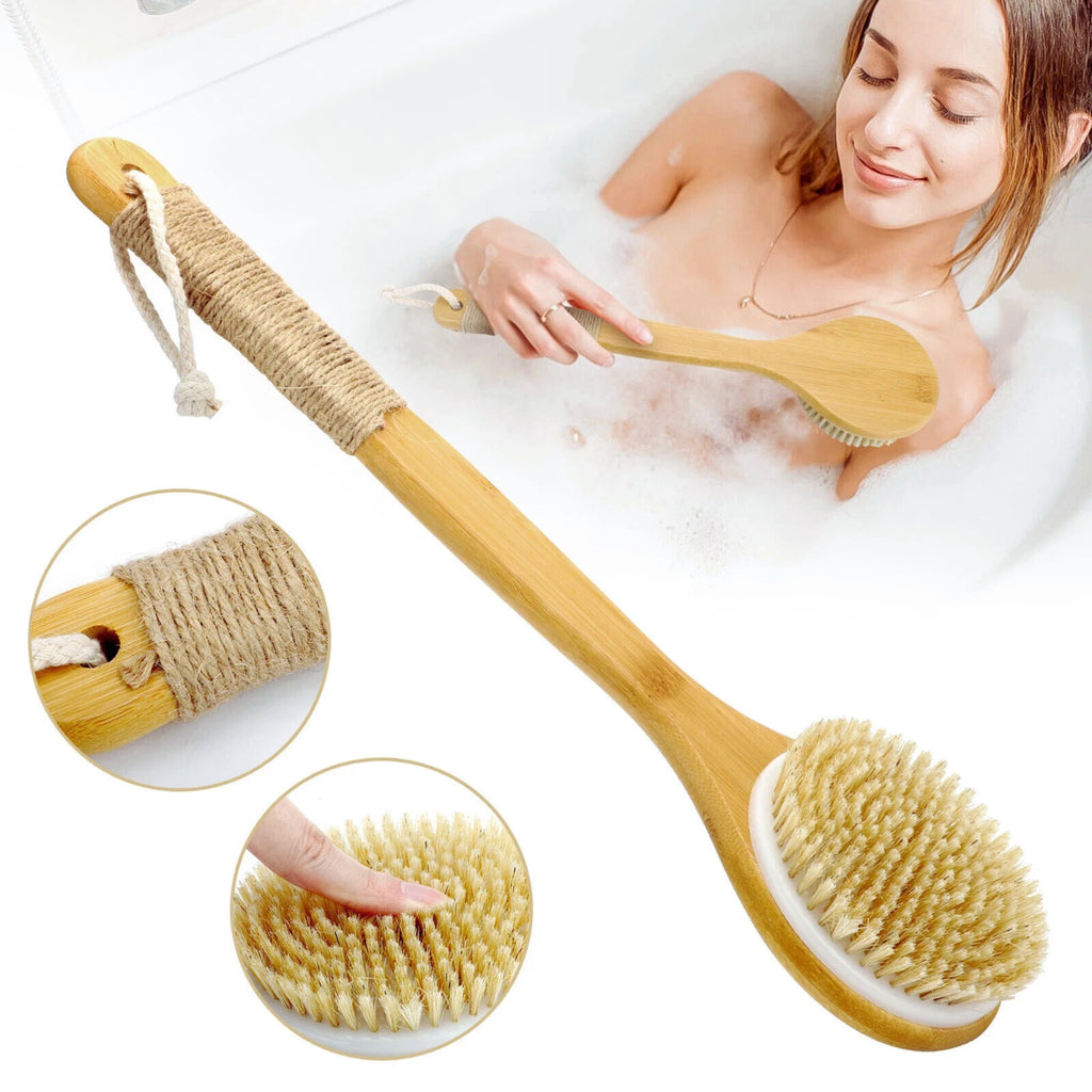 Long Handle Bath Brush Natural Bristles Body Back Shower Washing Scrubber