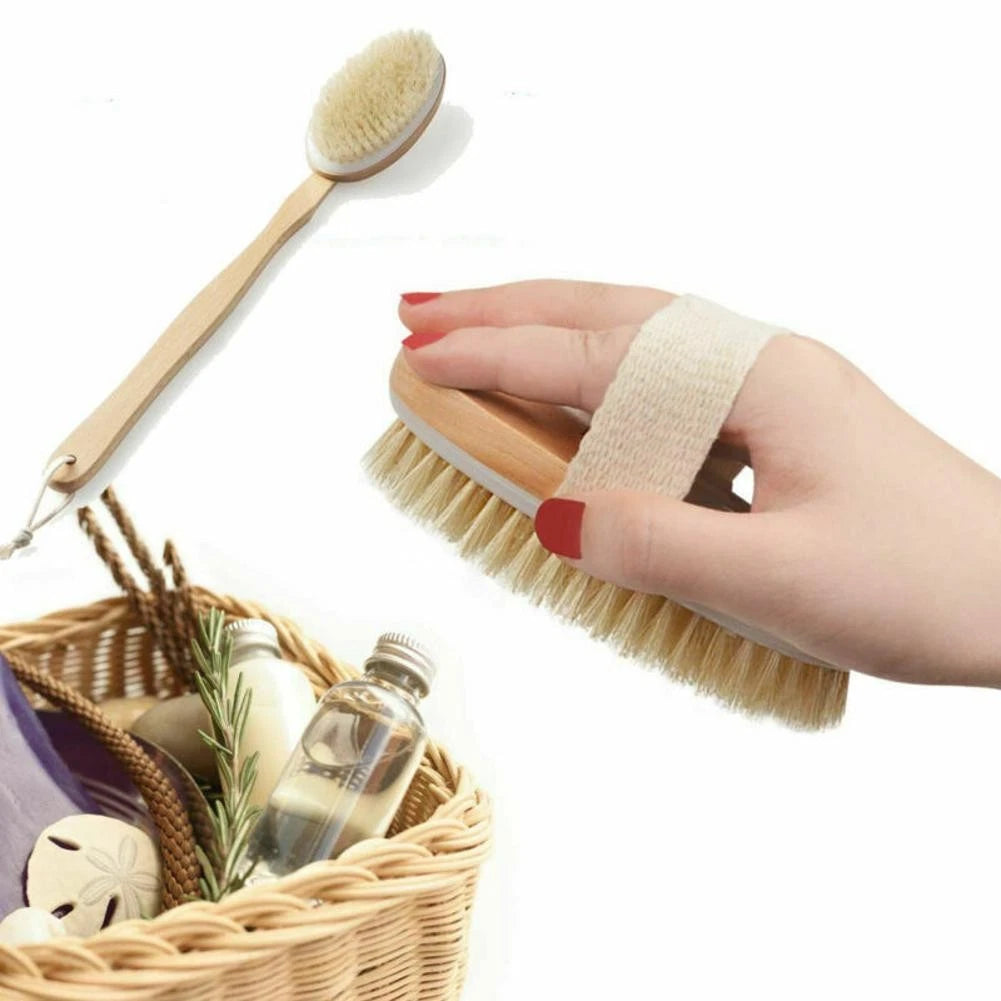 Durable Natural Long-Handled Bath Shower Body Back Dry Skin Spa Scrubber Brush H