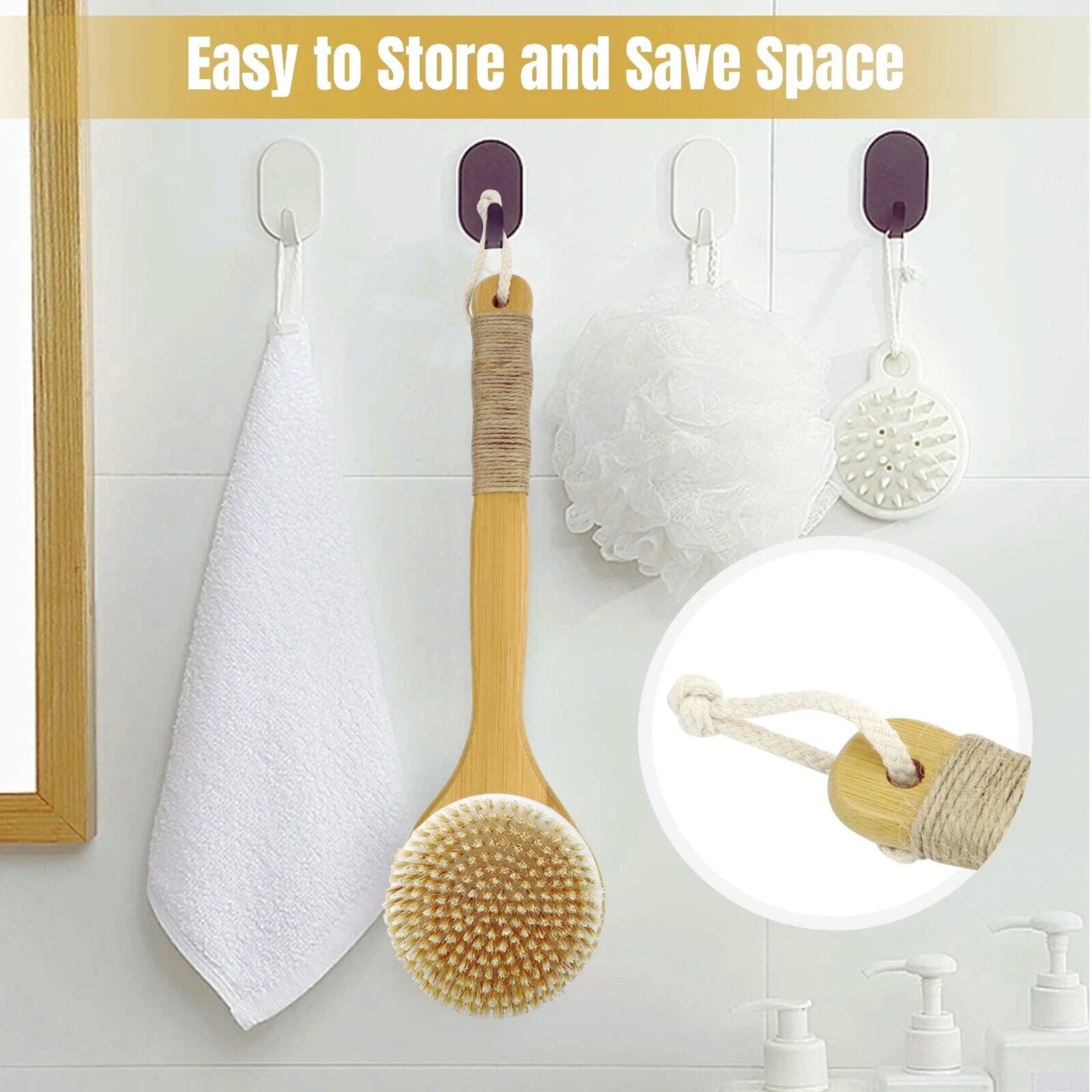 Long Handle Bath Brush Natural Bristles Body Back Shower Washing Scrubber