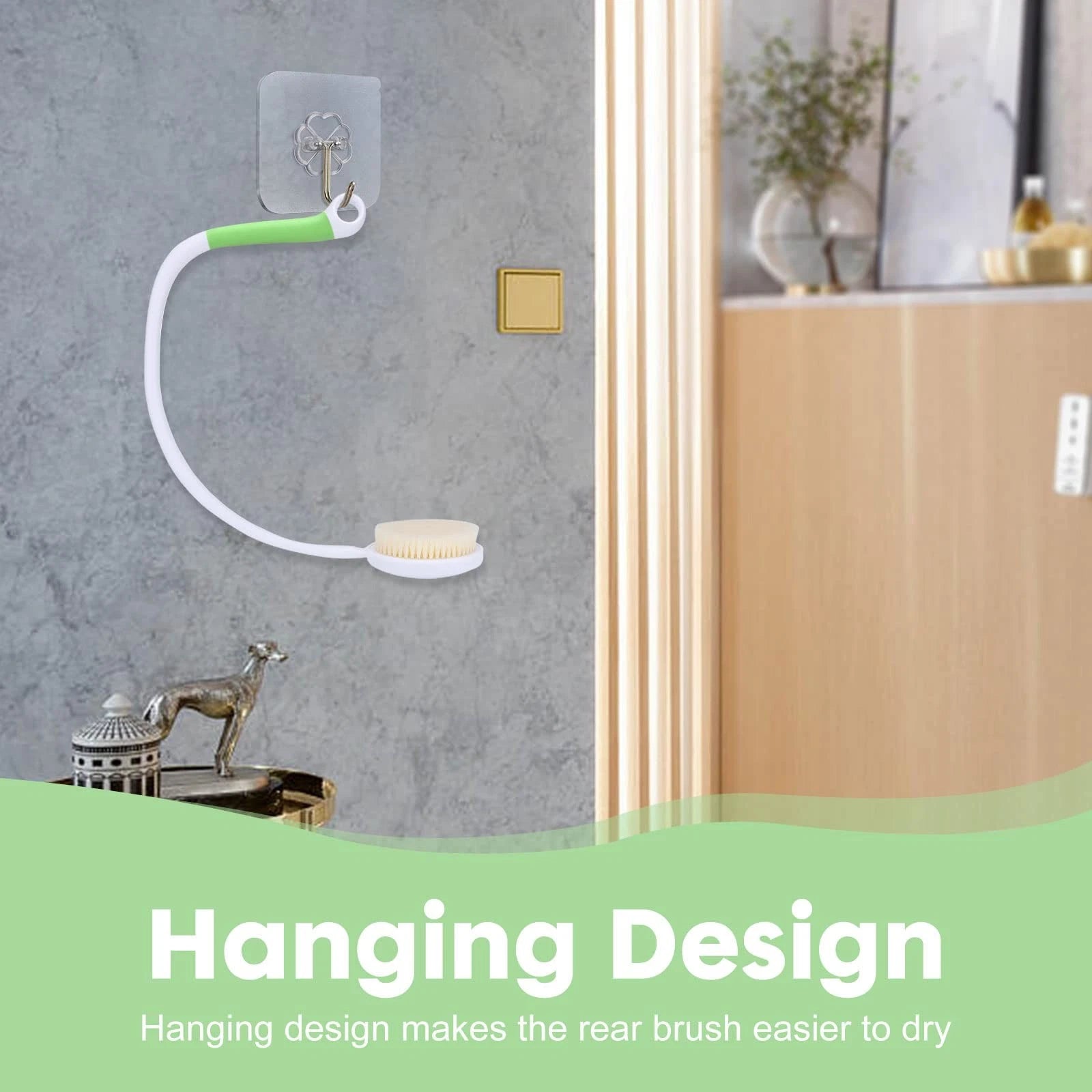 27.5â€ Back Bath Brush with Long Curved Handle,Shower White/Green