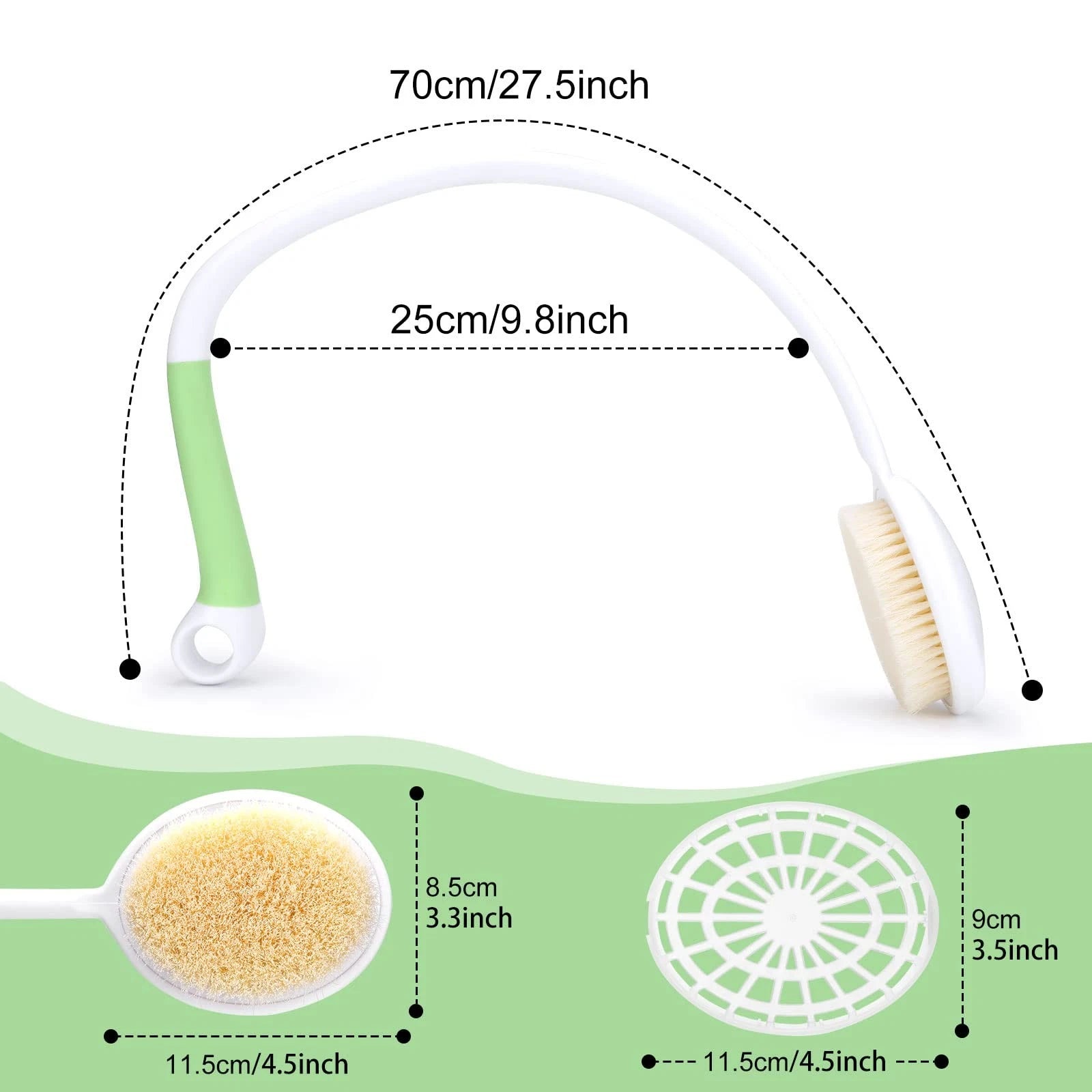 27.5â€ Back Bath Brush with Long Curved Handle,Shower White/Green