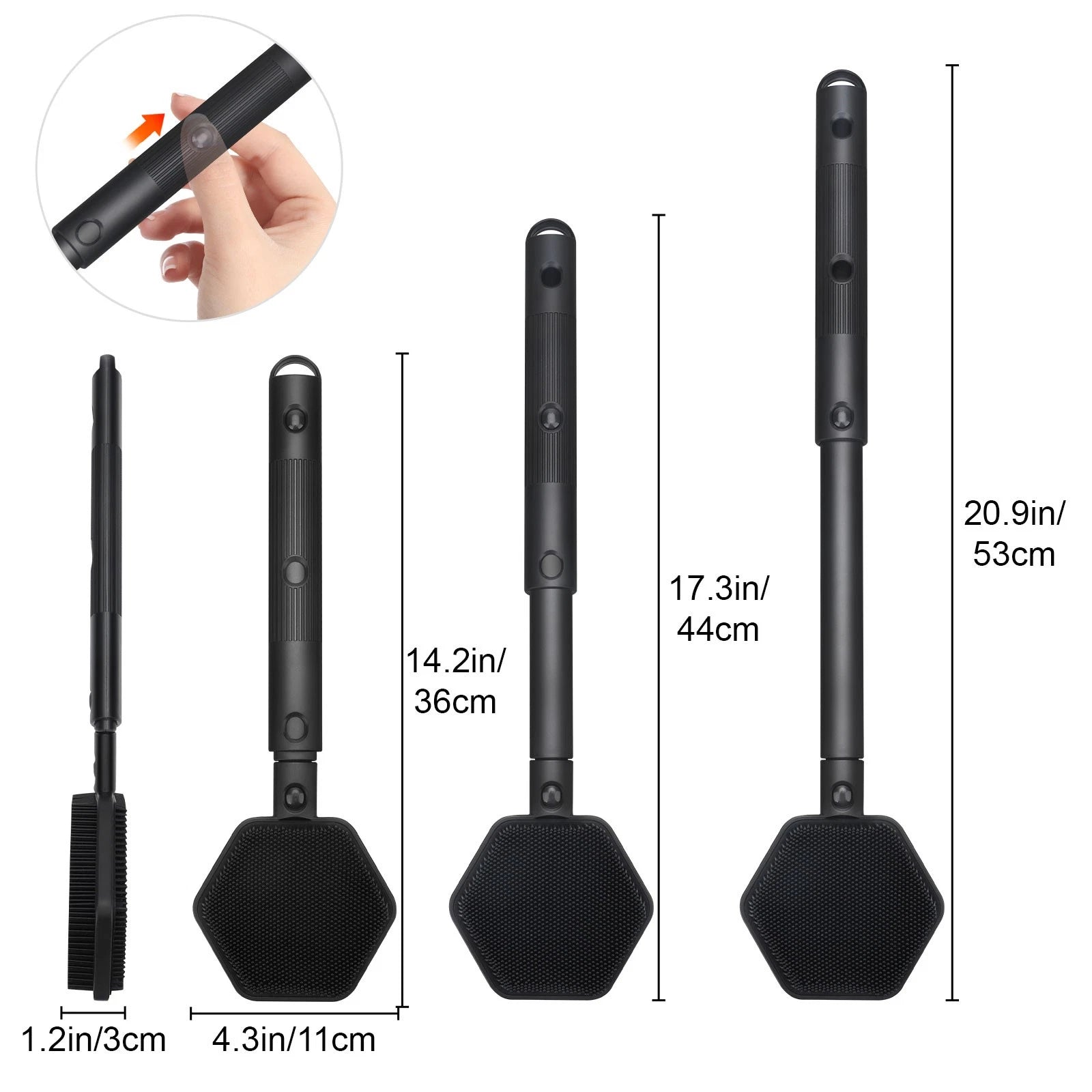 Adjustable Long Handle Silicone Shower Brush, Hexagonal Telescopic Back Scrubber