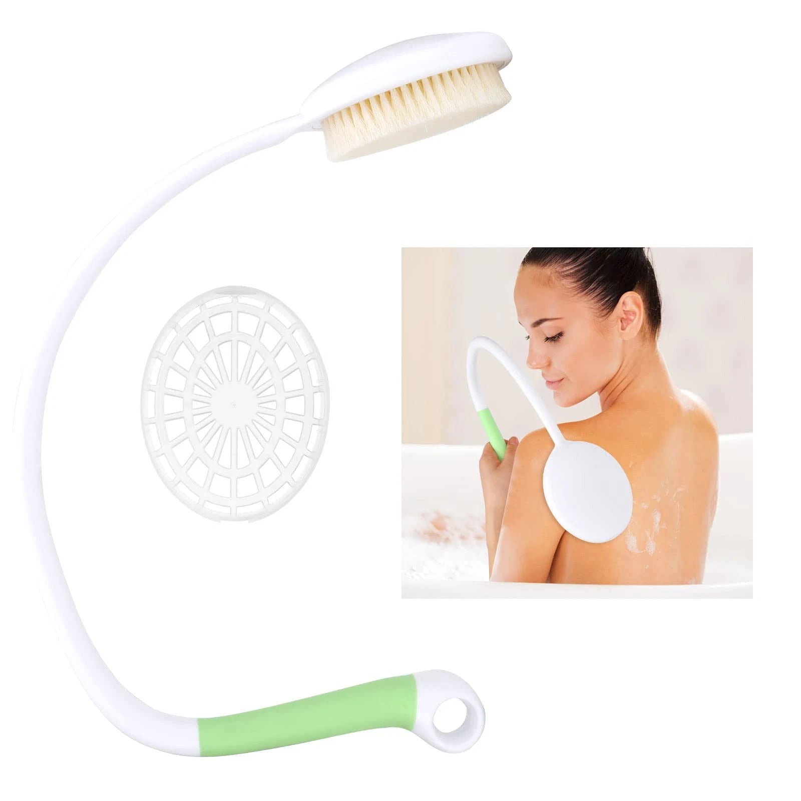 27.5â€ Back Bath Brush with Long Curved Handle,Shower White/Green