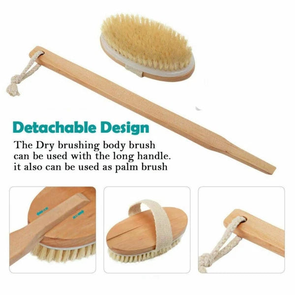 Durable Natural Long-Handled Bath Shower Body Back Dry Skin Spa Scrubber Brush H