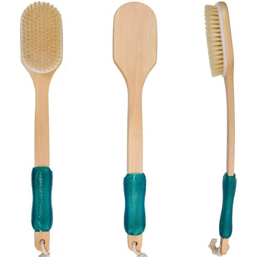 OWIIZI Back Scrubber for Shower,Stiff Boar Bristles Wooden Curved Long Handle