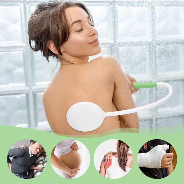 27.5â€ Back Bath Brush with Long Curved Handle,Shower White/Green