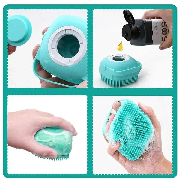 Pet Bath Brush, Silicone Pet Bath Massage Brush, Shampoo Dispenser Shower Brush