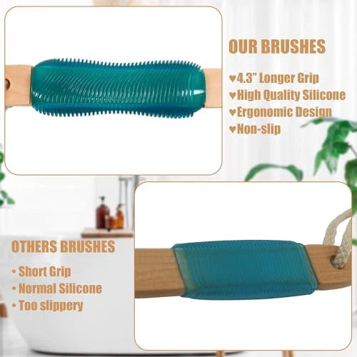 OWIIZI Back Scrubber for Shower,Stiff Boar Bristles Wooden Curved Long Handle
