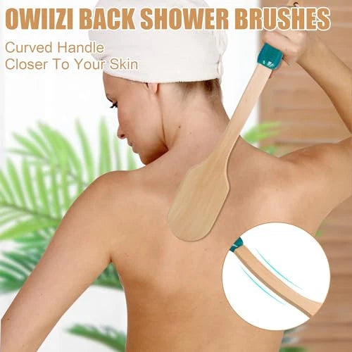 OWIIZI Back Scrubber for Shower,Stiff Boar Bristles Wooden Curved Long Handle