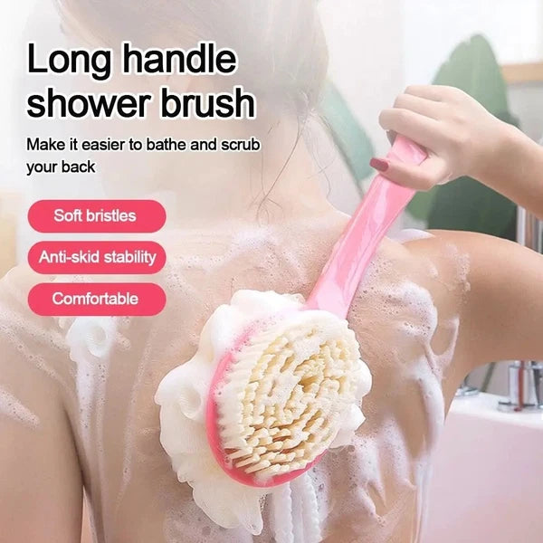 2in1 Long Handled Bath Shower Brush Bristles Exfoliation Cleansing Back Scrubber
